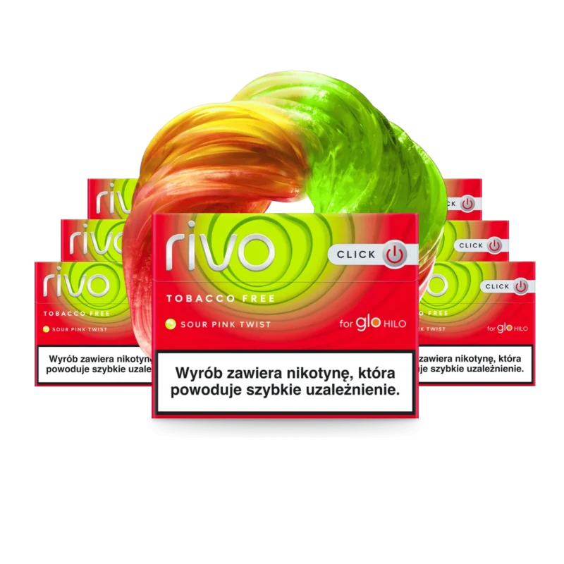 Rivo Sour Pink Twist carton — glo HILO raspberry-citrus capsule sticks